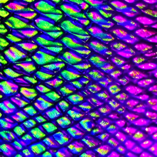 Image similar to an intricate closeup of iridescent dragon scales, 4k photography, blacklight