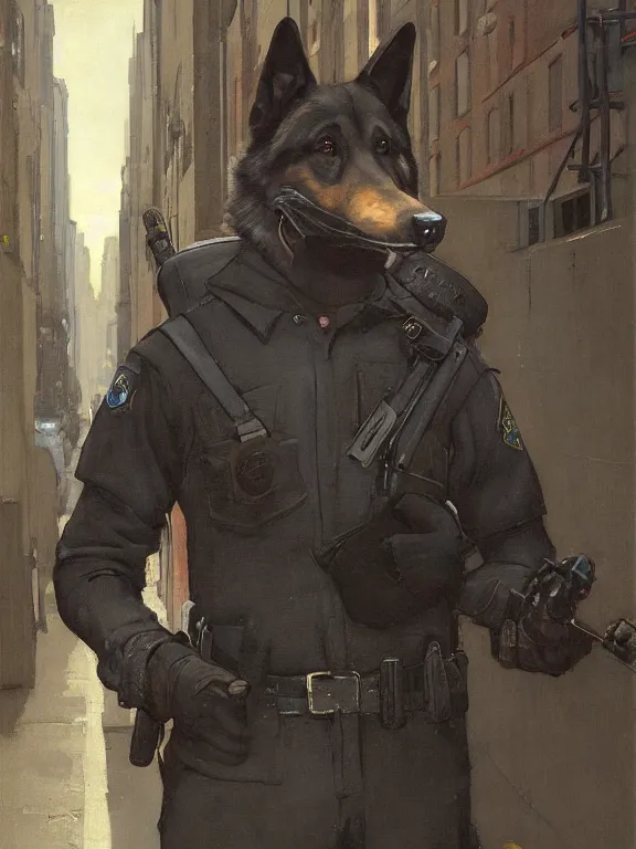 Image similar to new york city portrait of furry anthro anthropomorphic german shepard head animal person fursona wearing clothes nypd traditional police uniform in the alley, sunny day, digital art by Nerdrum John, William Waterhouse, Winslow Homer, Alex Heywood, Jordan Grimmer, Darren Quach, Greg Rutkowski, Simon Stalenhag, trending on Artstation, CGSociety