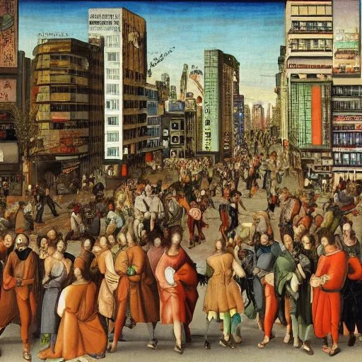 Prompt: shibuya, tokyo as painted by raphael in 1 5 1 1, renaissance, broad daylight