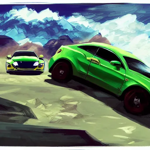 Image similar to dragon fire vs blue armor knight shield, green car hatchback, desert landscape, greg manchess, akehiko inoue and ross tran