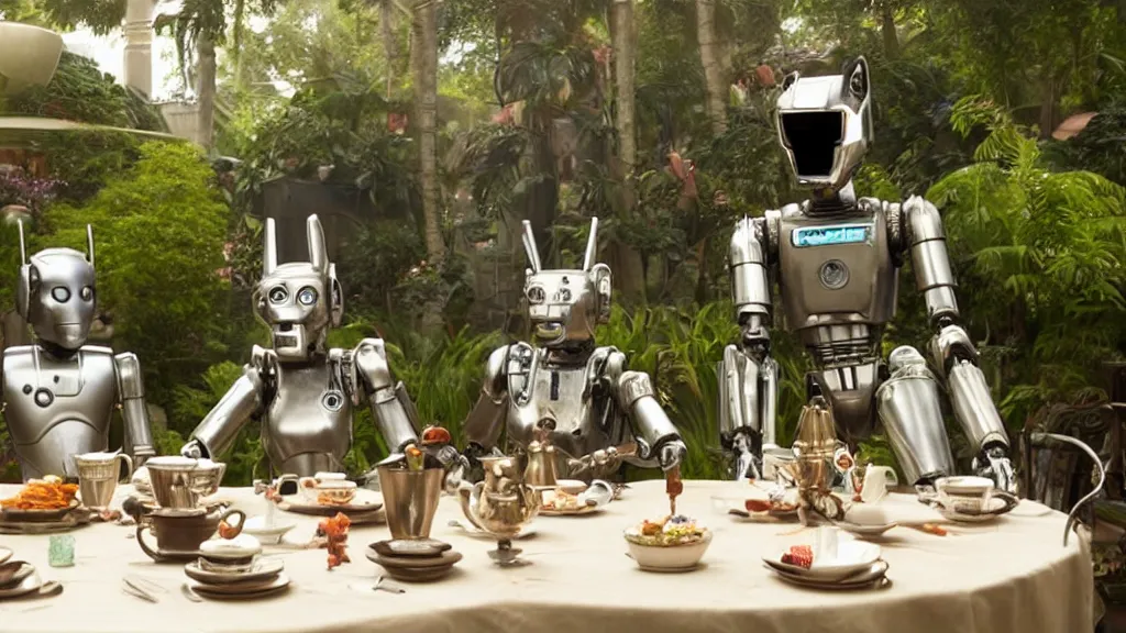 Prompt: film still from the movie chappie of the robot chappie shiny metal outdoor park plants garden scene bokeh depth of field several figures sitting down at a table having a delicious grand victorian tea party furry anthro anthropomorphic stylized cat ears wolf muzzle head android service droid robot machine fursona