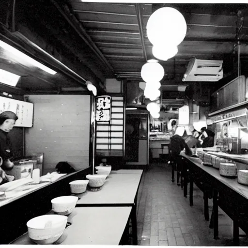 Prompt: photograph of the inside of a ramen shop in 1960s Japan, kodak, 10mm, nighttime
