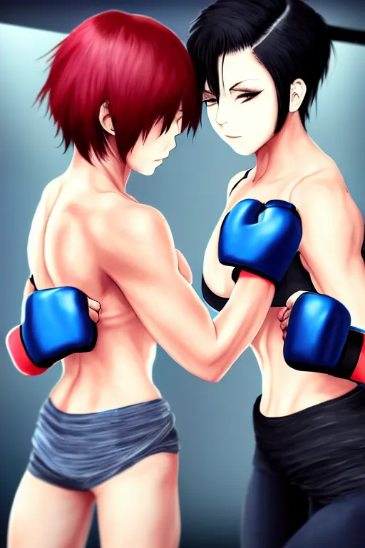 Prompt: two beautiful female fighters with short hair facing each other in the gym, gorgeous features, high definition, sharp focus, detailed anime art, pixiv