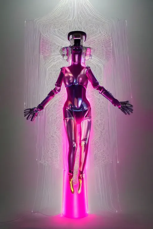 Prompt: full-body baroque and bladerunner style pink neon and chrome statue of a beautiful pale priestess robot goddess humanoid wearing a see-through silk kimono, posing like a falling model, suspended from the ceiling with wire cables, glowing peach face, street hoody of red steampunk lasers, emeralds, swirling silver silk fabric. futuristic elements. oozing glowing liquid, full-length view. space robots. human skulls. throne made of bones, intricate artwork by caravaggio. Trending on artstation, octane render, cinematic lighting from the right, hyper realism, octane render, 8k, depth of field, 3D