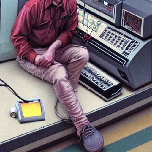 Image similar to man sitting in front of retro 80s computer smoking a cigarette, camera behind, art by Donato Giancola and James Gurney, digital art, trending on artstation