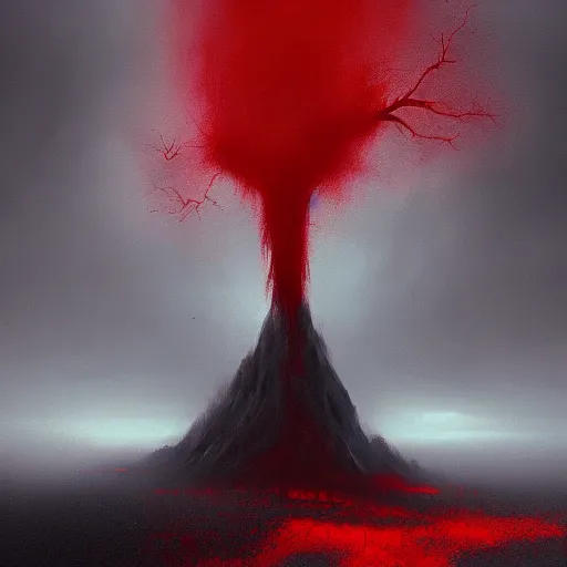 Prompt: Landscape Painting of a mysterious gigantic creature standing in thick red fog, glowing yellow eyes staring through the mist, blood dripping, horror, creepy, unsettling, artstation, cgsociety, masterpiece,