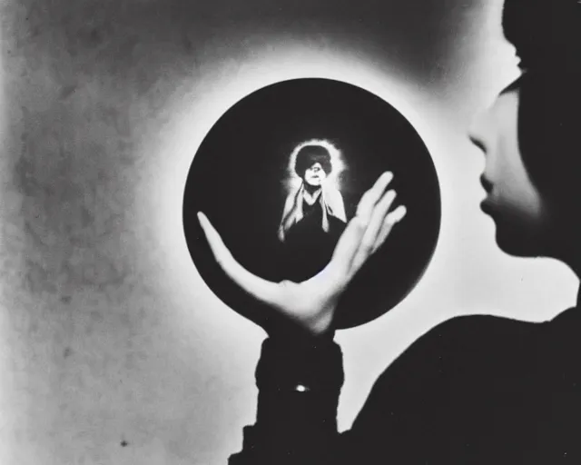 Prompt: Sergio Larraín photograph of woman in glass sphere, criterion collection, 1930, claude cahun