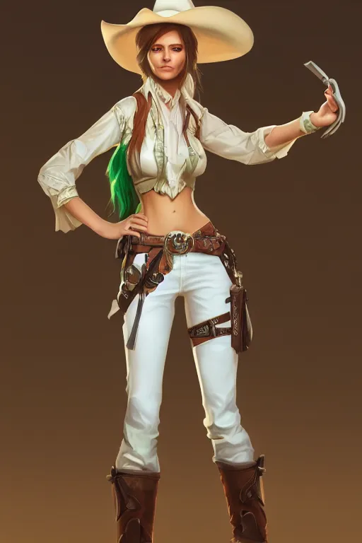 Prompt: full body, female cowgirl, perfect face, white blouse, holster, 8 k, magic the gathering, desert, d & d, artstation, high detail, smooth, sweaty, emerald herald