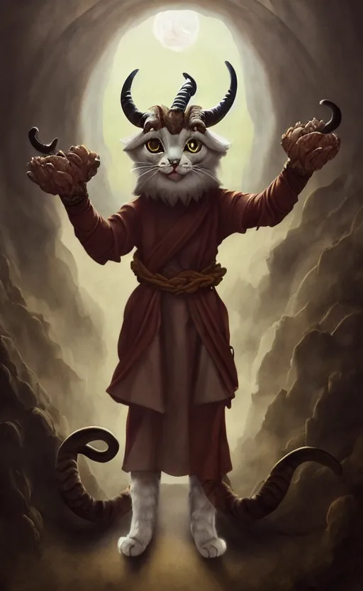 Image similar to a bipedal cat that has 2 goat horns, anthropomorphic cat that is wearing robes, matte oil painting, by michelangelo, d & d, fantasy, concept art, cosmic, magical, fog, noble, full body portrait, intricate, ornate, extremely detailed, cult, ritual, sharp focus, 4 k, 8 k