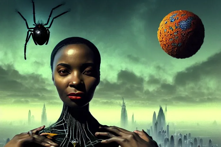 Image similar to realistic detailed photorealistic film portrait shot of a beautiful black woman with a giant spider, sci-fi city landscape background by Denis Villeneuve, Amano, Yves Tanguy, Alphonse Mucha, Ernst Haeckel, Max Ernst, Andrei Tarkovsky, Edward Robert Hughes, Roger Dean, necklace, dynamic pose, rich moody colours, wide angle, blue eyes