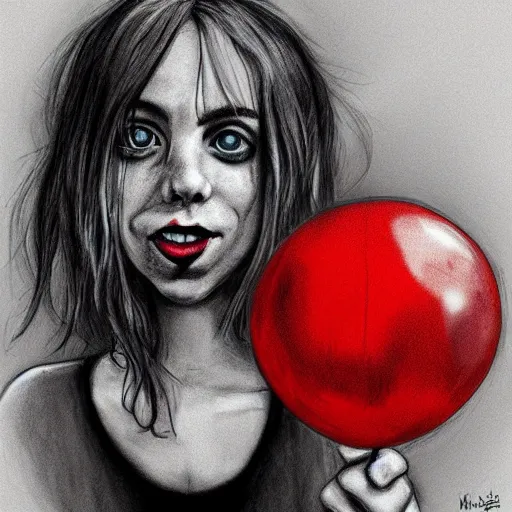 Image similar to surrealism grunge cartoon portrait sketch of billie eilish with a wide smile and a red balloon by - michael karcz, loony toons style, the conjuring style, horror theme, detailed, elegant, intricate