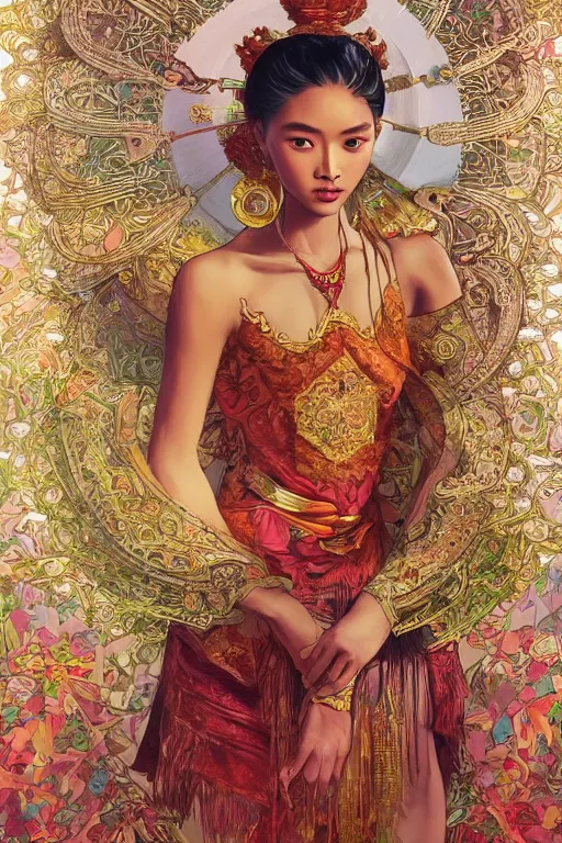 Prompt: portrait of a beautiful indonesian supermodels wearing traditional costume, highly detailed, digital painting, artstation, concept art, sharp focus, illustration, art by kittichai rueangchaichan and james gurney and alphonse mucha