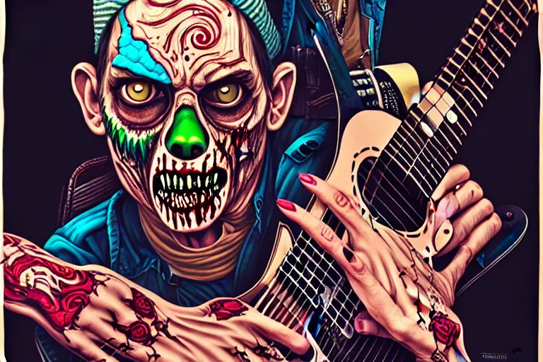 Image similar to zombie punk rocker playing acoustic guitar, tristan eaton, victo ngai, artgerm, rhads, ross draws, intricated details, 3 / 4 view, full body portrait