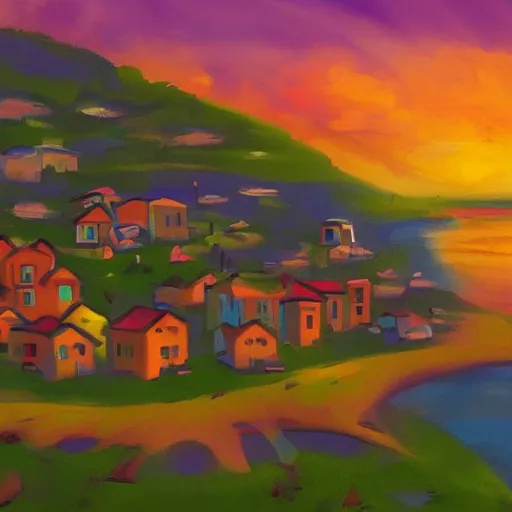 Image similar to sunset on a village by the sea, colorful, trending on artstation