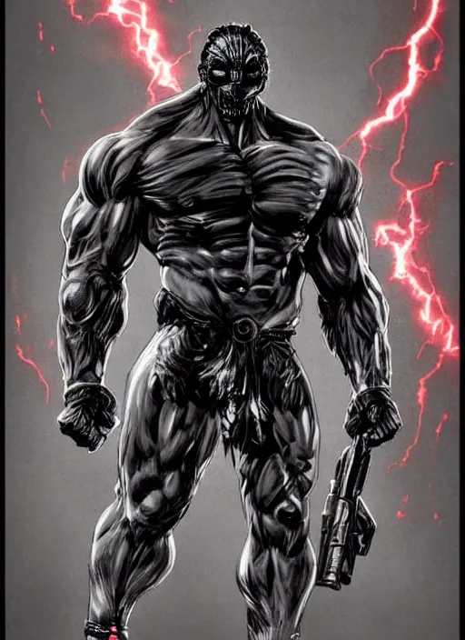 Image similar to Full body portrait of an extremely muscular, very buff, huge mutant man with a creepy cybernetic mask. He Is wearing only a loincloth. In style of Yoji Shinkawa and Hyung-tae Kim, trending on ArtStation, dark fantasy, great composition, concept art, highly detailed. Colourful.