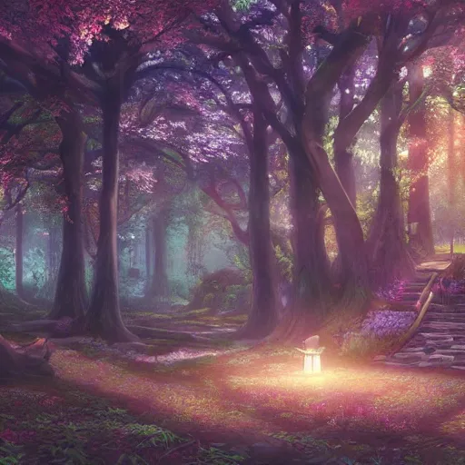 Image similar to the aesthetic view of the beautiful, grand, wistful, dreamy hidden forest at dusk, hyperrealistic anime illustration by iralki nadar, colorful, extremely detailed, intricate linework, super sharp focus, bright colors, octopath traveler, studio ghibli, unreal engine 5 highly rendered, global illumination, radiant light, detailed and intricate environment