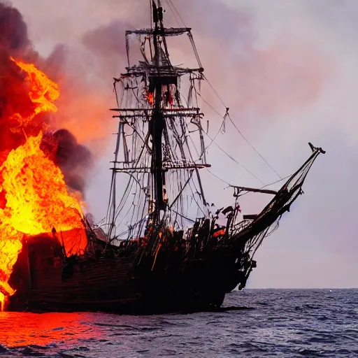 Image similar to pirate ship on fire in the middle of the sea