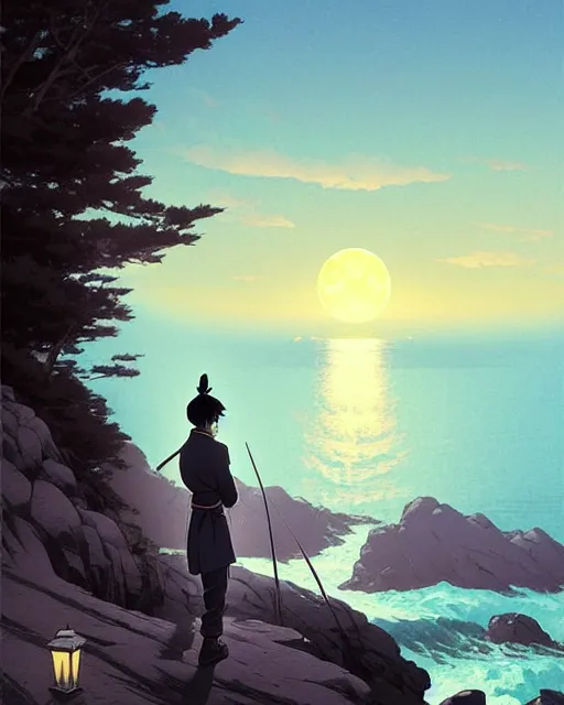 Image similar to a lonely poet ( li bai ) walks by the wide coast, night scene with moonlight on him, eva comic style, fine details. night setting. very anime style. realistic shaded lighting poster by ilya kuvshinov katsuhiro, magali villeneuve, artgerm, jeremy lipkin and michael garmash, rob rey and kentaro miura style, trending on art station