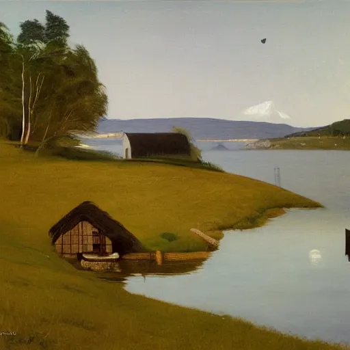 Image similar to A cottage near lake by Harald Sohlberg. A fisherman fishing in the lake beautiful trending on Artstation oil on canvas