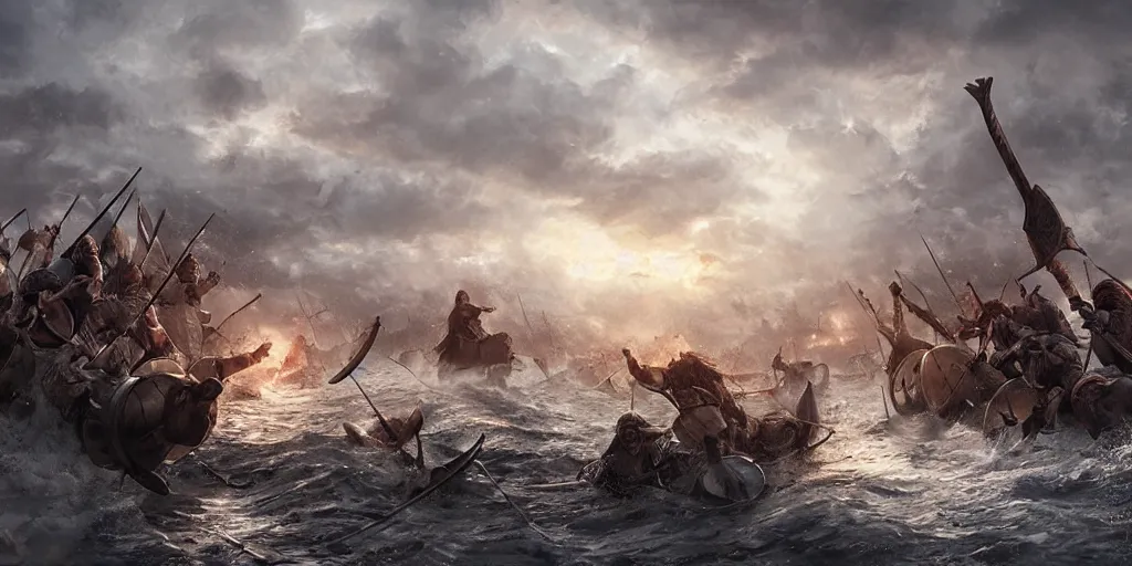 Image similar to an epic viking battle scene, by WLOP, realistic, detailed, epic scenery, blood