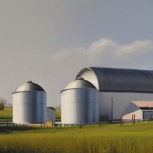 Image similar to exterior view of modern futuristic farm barn architecture, silo, feed troughs, cows, pigs, chickens, detailed luminescent oil painting 4 k