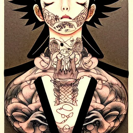 Prompt: prompt: Fragile looking character soft light portrait face drawn by Takato Yamamoto and Katsuhiro Otomo, tattooed face, facial hieroglyph tattoos , inspired by Akira 1988 anime, alchemical objects on the side, soft light, intricate detail, intricate gouache painting detail, sharp high detail, manga and anime 2010