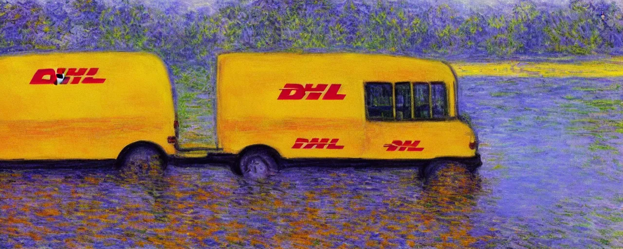 Prompt: DHL yellow DHL van and the lake, painting by Monet