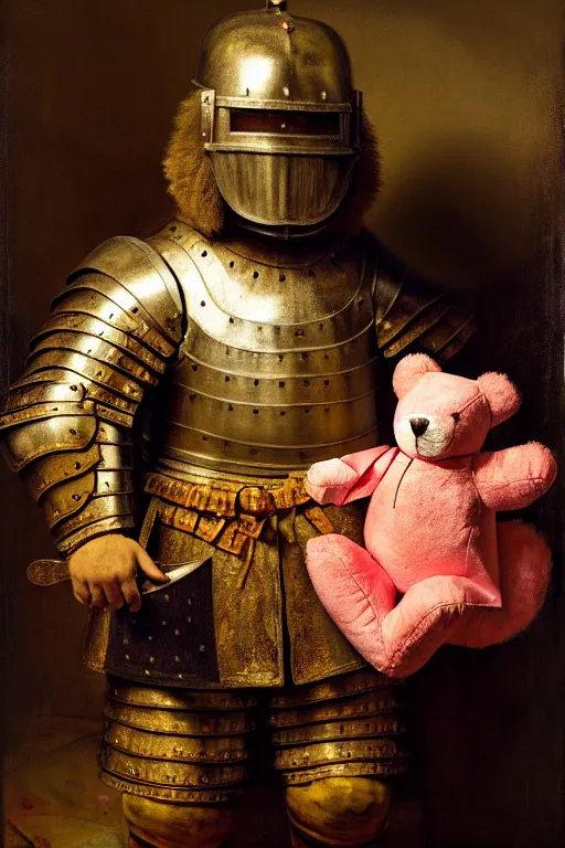 Prompt: a matte oil painting of a knight in full iron plate armor holding a teddy bear while standing inside a pink bedroom, by rembrandt, d & d, cosmic horror, fullbody, photorealistic, sharp focus, award - winning, extremely detailed, 4 k,