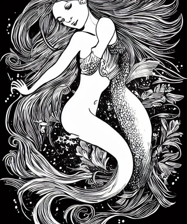 Image similar to black and white illustration, creative design, beautiful mermaid with fishes