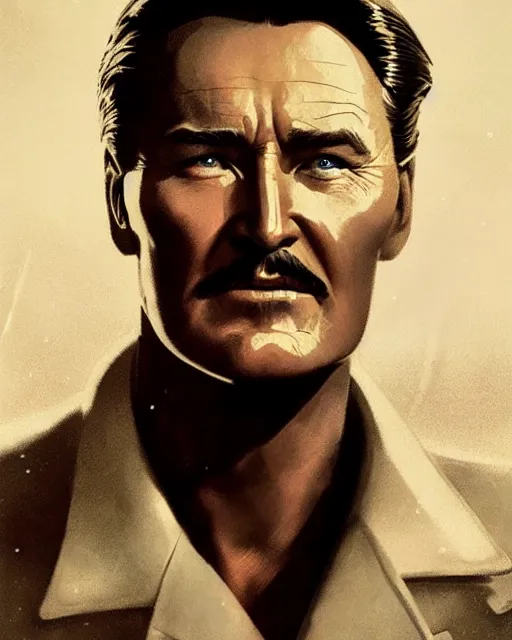 Image similar to Errol Flynn as a scientist. 1980s dystopian Soviet Russia, propaganda screens. Unreal engine, fantasy art by Greg Rutkowski. Faithfully depicted facial expression, perfect anatomy global illumination, radiant light, detailed and intricate environment