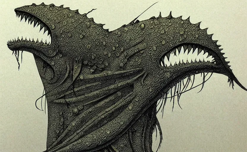 Image similar to creepy fish by shaun tan, side view, style of yoshitaka amano john kenn mortensen takato yamamoto junji ito gediminas pranckevicius