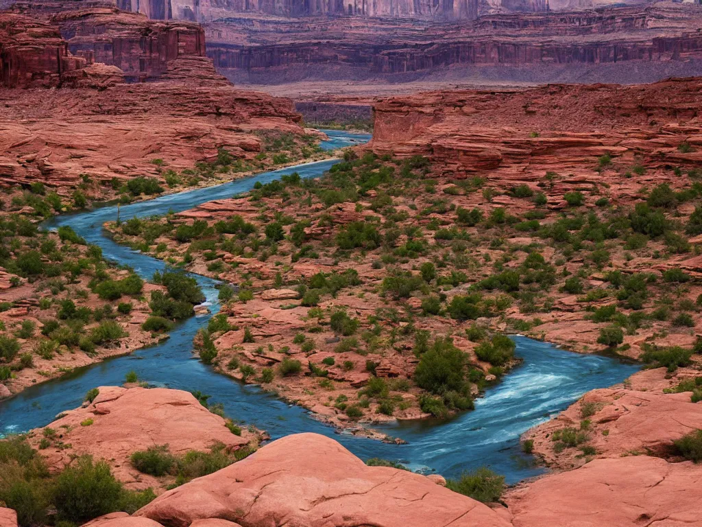 Image similar to “a river running through a canyon surrounded by desert mountains, moab, utah, a tilt shift photo by Frederic Church, trending on unsplash, hudson river school, photo taken with provia, national geographic photo, tilt shift”