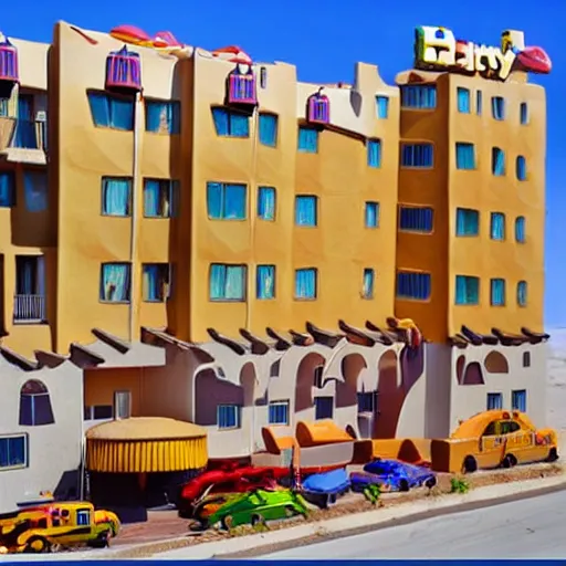 Image similar to baby toy style hotel in the dessert, big scale