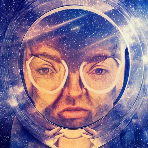 Image similar to double exposure portrait of astronaut and another astronaut with space and time in the the background by davinci, circles, psychedelic, pencil art, high definition, dynamic lighting stars, sharpness, golden ratio