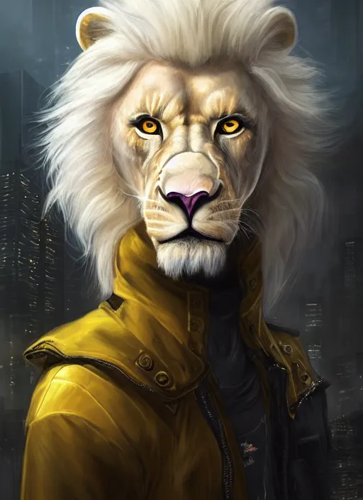 Image similar to aesthetic portrait commission of a of a male fully furry muscular anthro albino lion with a tail and a beautiful attractive hyperdetailed face wearing stylish and creative torn open black and yellow heavy outfit in a sci-fi dystopian city at golden hour while it storms in the background with bright police sirens lighting up the subject. Character design by charlie bowater, ross tran, artgerm, and makoto shinkai, detailed, inked, western comic book art, 2021 award winning painting