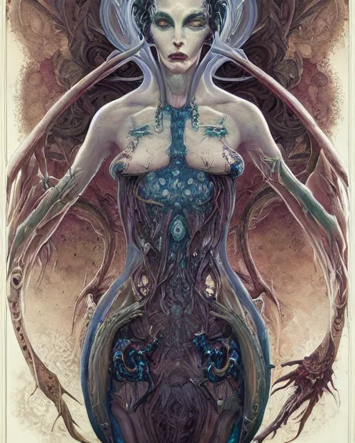 Image similar to perfectly centered portrait front view of a dead rotten beautiful female daemon growing ornamentation, ornate, detailed, symmetrical, elegant, beautifully soft lit, by wayne barlowe, peter mohrbacher, kelly mckernan