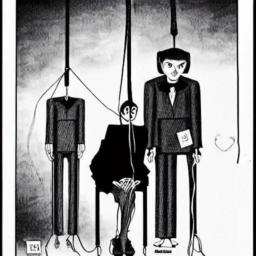 Image similar to person as a marionette being controlled by strings held by depression despair and hatred, illustrated by junji ito