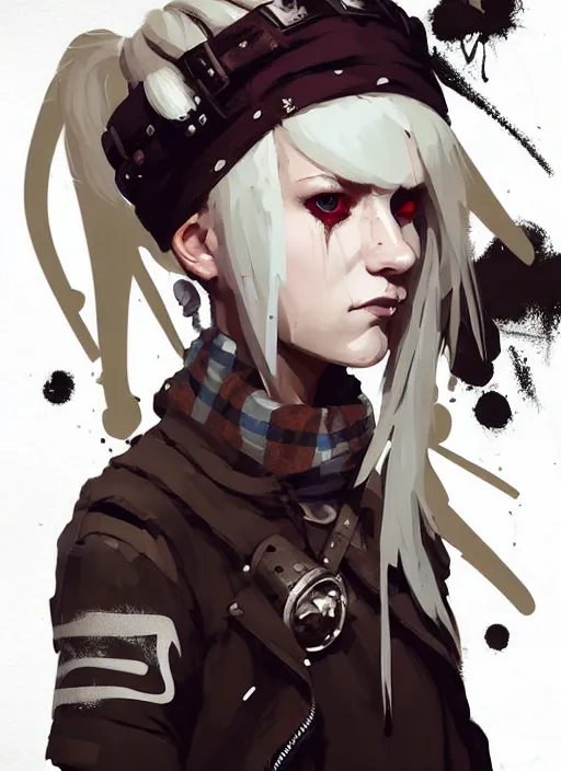 Image similar to highly detailed closeup portrait of a sewer punk swedish female road warrior student, tartan garment, blonde hair pigtails with headband by atey ghailan, by greg rutkowski, by greg tocchini, by james gilleard, by joe fenton, by kaethe butcher, gradient cyan, black, brown and white color scheme, grunge aesthetic!!! white graffiti tag wall background