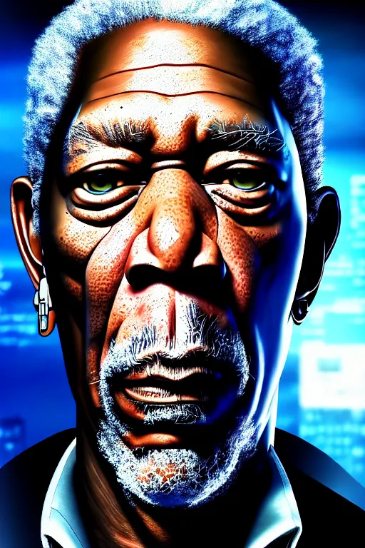 Prompt: a very detailed portrait a cyberpunk Morgan Freeman, biotech, machine, photorealistic, highly detailed with a cyberpunk style, unreal engine, defined cheekbones, dramatic cinematic lighting