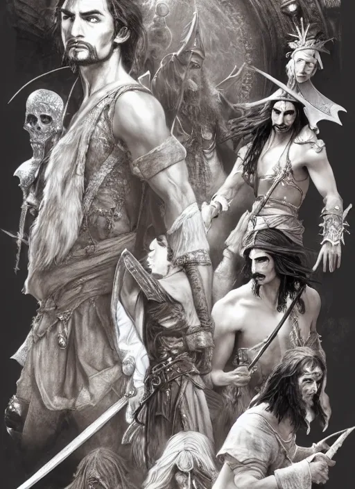 Image similar to detailed pencil spot illustrations of various character concepts from the prince of persia and game of pirates of the caribbean movie, various poses, by burne hogarth, by bridgeman, by anthony ryder, by yoshitaka amano, by ruan jia, by conrad roset, by mucha, cgsociety, artstation.