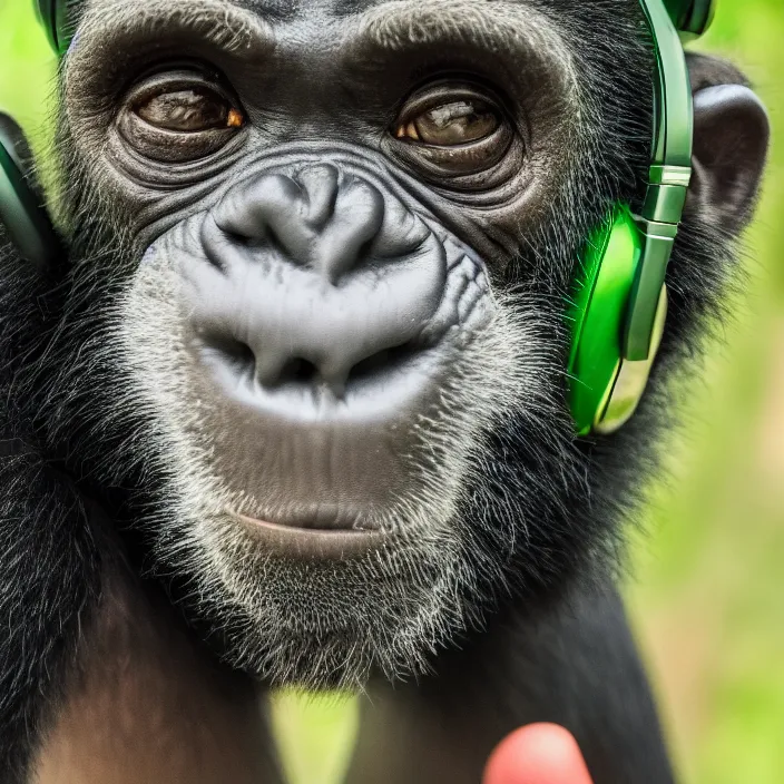 Image similar to a high quality photo of a green chimp wearing headphones, realism, 8k