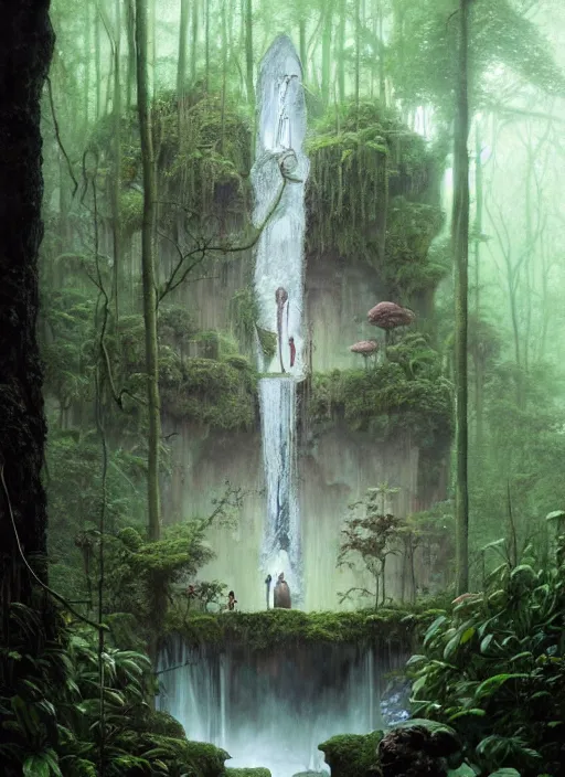 Image similar to a hyper realistic architectural witch shrine under a waterfall in the woods, gorgeous lighting, lush forest foliage, painting by chiara bautista and tom bagshaw, muca beksinski and norman rockwell and greg rutkowski weta studio, and lucasfilm