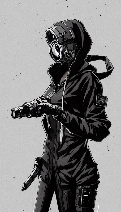 Image similar to cyberpunk anime girl in hoodie, cyberpunk gas mask, 3 / 4 shot, street night, grafity, beautiful face, grafity, arcane, action, tokyo street, detail, good face, pose model, concept art, in style of yoji shinkawa, pan ren wei, col price, atey ghailan, by greg rutkowski, aesthetic