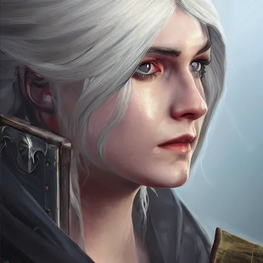 Image similar to `Very detailed masterpiece painting of Cirilla from The Witcher, portrait, artstation, concept art by Greg Rutkowsk