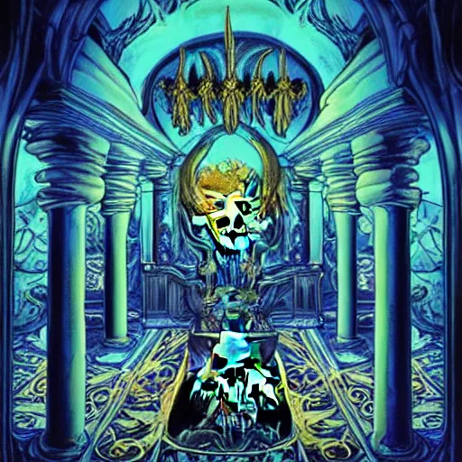 Image similar to Rafael Albuquerque comic art and artgerm, The interior of an underwater city, insanely ornamented with baroque evil golden decorations, black ornaments, ominous devilish altar made of bones, blue neon light coming from the windows, mysterious atmosphere, octane