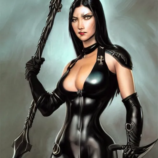 Prompt: a beautiful warrior woman with dark hair, wearing black catsuit and plates of black body armour, she is holding a long staff, detailed face, smooth, sharp focus, graphic novel, art by stanley lau artgerm,