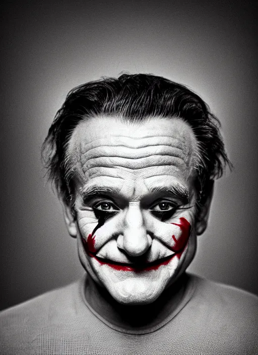 Image similar to photo of Robin Williams as the Joker by Lee Jeffries and Eolo Perfido, head shot, detailed, award winning, Sony a7R, trending on artstation