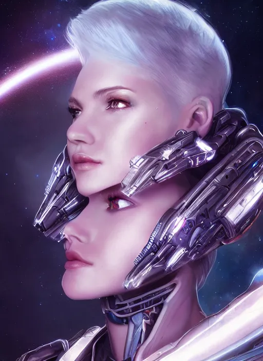 Image similar to photo of a cyborg girl on a space ship, warframe armor, beautiful face, scifi, nebula reflections, angel, white hair, stars, professionally color graded, sharp focus, 8 k high definition, insanely detailed, intricate, innocent, art by stanley lau and artgerm