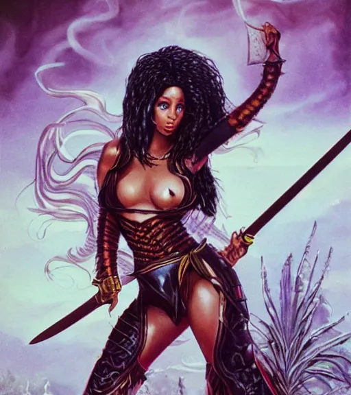 Image similar to 1 9 8 0 s fantasy novel book cover, nicki minaj in extremely tight bikini armor wielding a cartoonishly large sword, exaggerated body features, dark and smoky background, low quality print