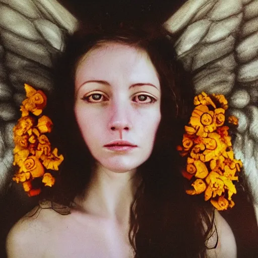 Prompt: realistic expired kodak film portrait of an angel woman tentacled creature mix, marigold celestial vibe, hyperrealism, hypermaxiymalism, photorealistic, detailed, atmospheric, 8 k, award winning photography, cinematic